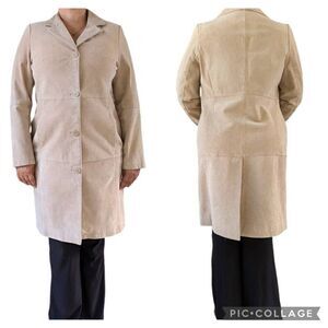 Vintage Bernardo Tan Suede Leather Block Long Trench Coat Jacket  Size L Lined